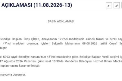 Menderes Belediye Meclisi başkan vekili seçimi için 17 Ağustos Pazartesi günü olağanüstü toplanacak.